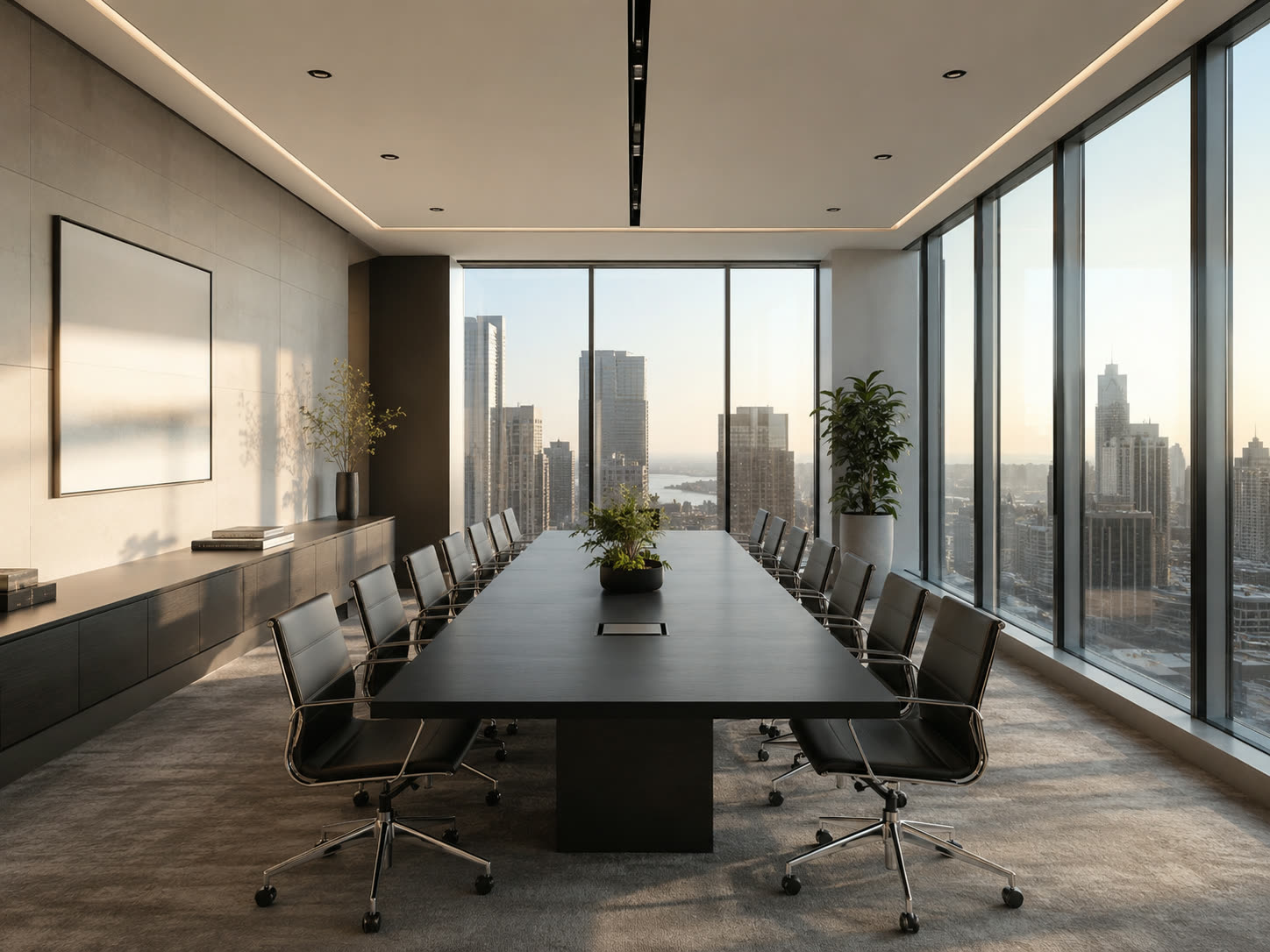 Boardroom with city skyline